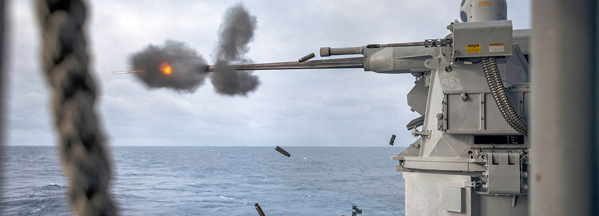 A Mark-38 25 mm gun mount fires remotely aboard the Nimitz-class aircraft carrier USS George Washington (CVN 73) in the Atlantic Ocean, May 7, 2024.